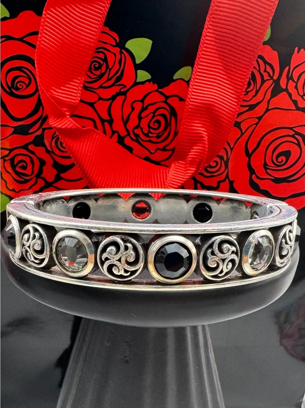 Brighton Ornate Bangle Bracelet with Black and Smoky Grey Crystal Accents